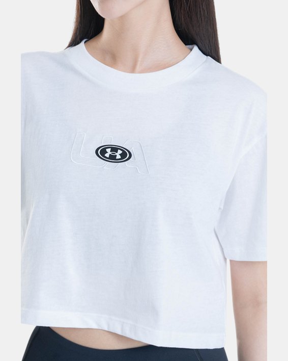 女士UA Branded Logo Crop短袖T恤 in White image number 4